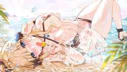 Rule 34 | 1girl, absurdres, beach, bikini, bite mark, black bikini, blonde hair, blue eyes, blush, breasts, covered erect nipples, eating, elf, fang qiao, flower, food, hair flower, hair ornament, highres, knees up, large breasts, long hair, long sleeves, looking at viewer, lying, navel, on back, open clothes, open mouth, open shirt, pointy ears, ponytail, popsicle, princess connect!, saren (princess connect!), saren (summer) (princess connect!), see-through, shirt, shore, sidelocks, solo, swimsuit, wet, wet clothes, wet shirt