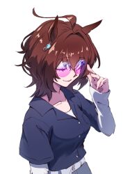 Rule 34 | 1girl, absurdres, agnes tachyon (umamusume), ahoge, animal ears, belt, blue shirt, breasts, brown hair, buttons, closed mouth, earrings, hand up, highres, horse ears, jewelry, long sleeves, looking at viewer, medium hair, one eye closed, pink-tinted eyewear, shirt, shirt under shirt, short sleeves, simple background, single earring, small breasts, smile, solo, sunglasses, tinted eyewear, umamusume, upper body, watou, white background, white shirt