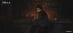 Rule 34 | 1girl, alcohol, backlighting, bar (place), black cape, black gloves, black skirt, bottle, brown hair, cape, closed mouth, copyright name, copyright notice, counter, cup, dark background, drinking glass, earrings, feet out of frame, flower, from side, gloves, hand on table, hand up, highres, indoors, jewelry, logo, long hair, long skirt, looking at viewer, official art, official wallpaper, on stool, red eyes, reverse:1999, rose, shelf, sitting, skirt, smile, solo, stool, valentina (reverse:1999), very long hair, white flower, white rose, wine, wine bottle, wine glass