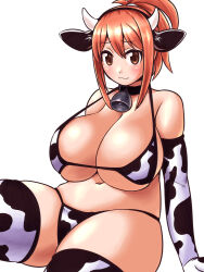 Rule 34 | 1girl, :3, animal ears, animal print, bell, bikini, black collar, black hairband, breasts, brown eyes, cleavage, closed mouth, collar, cow ears, cow horns, cow print, cow print bikini, elbow gloves, futaba channel, gloves, hair between eyes, hairband, horns, huge breasts, kudoi, kuma (kumahoihoi), looking at viewer, medium hair, navel, neck bell, nijiura maids, orange hair, ponytail, print bikini, print gloves, print thighhighs, sidelocks, simple background, sitting, smile, solo, swimsuit, thighhighs, thighs, underboob, white background