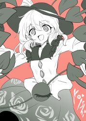 Rule 34 | 1girl, absurdres, buttons, collared shirt, diamond button, efukei, floral print, frilled shirt collar, frills, greyscale with colored background, hair between eyes, hat, hat ribbon, highres, komeiji koishi, long sleeves, medium hair, open mouth, pink background, ribbon, rose print, shirt, simple background, skirt, smile, solo, tentacles, third eye, touhou