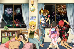 Rule 34 | 5girls, :&gt;, aerial fireworks, bad id, bad pixiv id, bed, black hair, blonde hair, brown eyes, brown hair, calendar, calendar (object), candy apple, clock, cup, doll, fireworks, flower, food, hair flower, hair ornament, hirococo, japanese clothes, kimono, multiple girls, original, ponytail, red hair, turtle, twintails