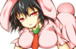 Rule 34 | 1girl, aged up, all fours, animal ears, between breasts, black hair, breasts, breasts squeezed together, carrot, dress, efunosan, female focus, gradient background, inaba tewi, large breasts, rabbit ears, rabbit girl, rabbit tail, red eyes, solo, tail, touhou, white background