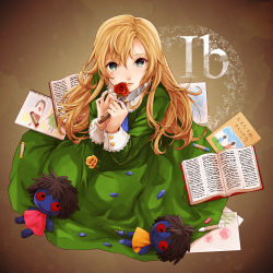 Rule 34 | 1girl, 778-go, bad id, bad pixiv id, blonde hair, book, brown background, copyright name, crayon, doll, dress, flower, green eyes, ib (kouri), knife, looking at viewer, mary (ib), palette knife, petals, rose, sketchbook, solo