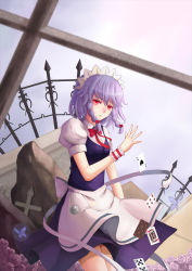 Rule 34 | 1girl, bad id, bad pixiv id, braid, card, cross, dress, embodiment of scarlet devil, evers, evers (artist), floating card, female focus, gradient background, highres, izayoi sakuya, maid, maid headdress, nature, outdoors, plant, red eyes, short hair, silver hair, sky, solo, touhou, twin braids