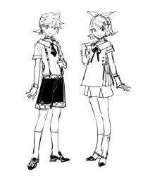 Rule 34 | 1boy, 1girl, arm at side, bow, closed mouth, collared shirt, flipped hair, full body, hair between eyes, hair bow, high contrast, kagamine len, kagamine rin, kneehighs, legs apart, legs together, lineart, looking at viewer, low ponytail, miku symphony (vocaloid), monochrome, neck ribbon, necktie, open mouth, parted bangs, rella, ribbon, shirt, shoes, short hair, short necktie, short ponytail, short sleeves, shorts, sketch, smile, socks, standing, suspender shorts, suspenders, vocaloid, wrist cuffs