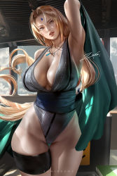 Rule 34 | 1girl, armpits, blonde hair, book, breasts, cloud, cloudy sky, desk, forehead jewel, gem, indoors, jewelry, large breasts, leg ribbon, leotard, lips, long hair, looking to the side, mature female, naruto, naruto (series), naruto shippuuden, necklace, office, open mouth, parted bangs, ribbon, robe, sky, solo, thick thighs, thigh ribbon, thigh strap, thighs, tsunade (naruto), very long hair, wrist ribbon, zumi (zumidraws)