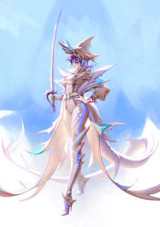 Rule 34 | 1girl, absurdres, armor, belt, blue background, bodysuit, breasts, commentary, fins, fish tail, full body, gloves, hand on own hip, hat, high heels, highres, holding, holding sword, holding weapon, hrrry, long hair, long sleeves, looking at viewer, looking to the side, medium breasts, multicolored background, multicolored bodysuit, multicolored clothes, original, puffy long sleeves, puffy sleeves, purple hair, red eyes, saber (weapon), shark tail, shin guards, shoulder armor, solo, standing, sword, tail, weapon, white background, white gloves, white hat