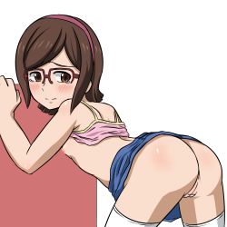 Rule 34 | 10s, 1girl, absurdres, ass, bent over, blush, breasts, brown eyes, brown hair, censored, cleft of venus, clothes lift, female focus, glasses, gundam, gundam build fighters, hairband, highres, kousaka china, looking back, nipples, no bra, no panties, pussy, rountain, shirt lift, short hair, simple background, skirt, skirt around belly, skirt lift, small breasts, solo, tears, thighhighs, white background, white thighhighs