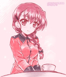 Rule 34 | 1girl, artist name, black ribbon, braid, braided ponytail, brown eyes, brown hair, closed mouth, colored pencil (medium), commentary, cup, dated, epaulettes, extra, girls und panzer, hair ornament, hair over shoulder, hair ribbon, hairclip, jacket, kuromori yako, long hair, long sleeves, looking at viewer, military, military uniform, red jacket, ribbon, rukuriri (girls und panzer), single braid, smile, solo, st. gloriana&#039;s military uniform, teacup, traditional media, uniform, upper body, v arms