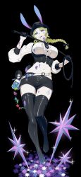 Rule 34 | 1boy, 1girl, animal ears, arizuka (catacombe), bag, belt, black background, black bow, black footwear, black headwear, black shorts, blonde hair, bloodborne, blue eyes, boots, bow, braid, breasts, center frills, chibi, commentary request, crescent, frills, gloves, hair bow, half gloves, hand up, hat, highres, holding, holding whip, large breasts, long hair, looking at viewer, navel, pink eyes, rabbit ears, rabbit girl, rabbit tail, short shorts, shorts, single braid, solo focus, sparkle, star (symbol), stomach, symbol, tail, thigh boots, thighhighs, top hat, triangle, white belt