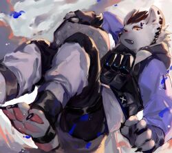 Rule 34 | 1boy, animal ear piercing, arknights, black gloves, black pants, canister, claws, eyebrow piercing, fang, fingerless gloves, fingernails, furry, furry male, gloves, grey shirt, highres, hood, hooded jacket, hyena boy, jacket, looking at viewer, male focus, open mouth, orange eyes, p7ywirzyw8lesuc, pants, pawpads, piercing, purple jacket, sharp fingernails, shirt, solo, spot (arknights), spot (professional) (arknights)
