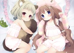 Rule 34 | 2girls, animal ear fluff, animal ears, azur lane, bed, between legs, bloomers, blue eyes, blush, bow, brown hair, camisole, cardigan, commission, commissioner upload, crescent, crescent hat ornament, crossover, dog ears, dog girl, dog tail, fumizuki (azur lane), fumizuki (sleepy fairy) (azur lane), genshin impact, hair bow, hair ornament, hairclip, hat, hat ornament, hugging own tail, hugging tail, leaf, long hair, looking at viewer, lying, midriff, multiple girls, navel, on back, on side, pillow, raccoon ears, raccoon girl, raccoon tail, red eyes, ribbon, sayu (genshin impact), sen1986, short hair, skeb commission, sleepwear, smile, striped cardigan, tail, tail between legs, trait connection, underwear, white bloomers, white camisole