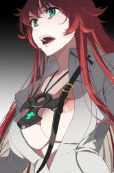 Rule 34 | 1girl, ankh necklace, belt, bodysuit, breasts, breasts out, center opening, collarbone, cross, cross necklace, green eyes, guilty gear, guilty gear strive, highres, jack-o&#039; valentine, jewelry, large breasts, long hair, multicolored hair, necklace, nipples, open mouth, parted lips, red hair, solo, touniyuu, two-tone hair, upper body, white bodysuit, white hair