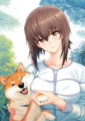 Rule 34 | 10s, 1girl, animal, bad id, bad twitter id, blush, breast press, breasts, brown eyes, brown hair, closed mouth, collarbone, commentary request, dog, fingernails, girls und panzer, hair between eyes, head tilt, highres, holding paw, ladic, long sleeves, looking at viewer, medium breasts, nishizumi maho, shiba inu, shirt, short hair, smile, solo, striped clothes, striped shirt, t-shirt, tree, tsurime, upper body, whiskers, white shirt