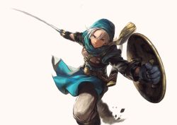 Rule 34 | 1boy, belt, commentary request, dragon quest, dragon quest vi, grey hair, highres, holding, holding shield, holding sword, holding weapon, jun (navigavi), male focus, shield, simple background, solo, sword, terry (dq6), unsheathed, weapon, white background