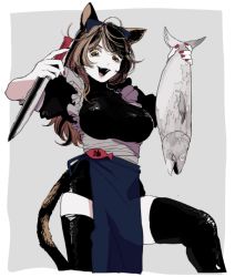 Rule 34 | 1girl, :d, ahoge, animal ears, apron, black hair, bobbbob, breasts, brown hair, cat ears, cat girl, cat tail, fish, holding, holding knife, knife, latex, long hair, multicolored hair, nail polish, open mouth, original, red nails, smile, solo, swept bangs, tail, thighhighs, two-tone hair, yellow eyes
