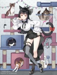 Rule 34 | 1girl, animal ears, asymmetrical legwear, black bow, black footwear, black shorts, black socks, blush, bow, bowl, breasts, brown eyes, cat, cat ears, cat girl, cat tail, cat tower, closed mouth, commentary request, english text, grey thighhighs, hair bow, hand on own hip, hand up, high heels, highres, long hair, long sleeves, looking at viewer, nekozuki yuki, original, pennant, puffy long sleeves, puffy sleeves, red bow, shirt, shoes, short shorts, shorts, sleeves past wrists, small breasts, socks, solo, string of flags, tail, tail bow, tail ornament, thighhighs, transparent, twitter username, very long hair, white cat, white shirt