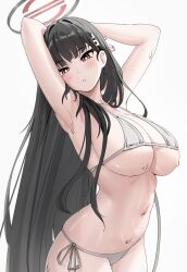 Rule 34 | 1girl, :o, alternate costume, armpits, arms up, bikini, black hair, blue archive, blush, breasts, commentary request, grey bikini, halo, highres, kazawa ushi, large breasts, long hair, looking at viewer, micro bikini, navel, red eyes, ringed eyes, rio (blue archive), side-tie bikini bottom, simple background, solo, stomach, straight hair, sweat, swimsuit, very long hair, white background