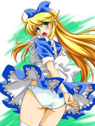 Rule 34 | 1girl, alice (alice in wonderland), alice in wonderland, apron, ass, blonde hair, blue dress, blue skirt, blush, bow, dress, from behind, green eyes, hair bow, highres, kattsan (ninjaform00), long hair, looking at viewer, looking back, open mouth, panties, pantyshot, petticoat, skirt, solo, standing, thighhighs, underwear, white panties, white thighhighs, wind, wind lift, wristband