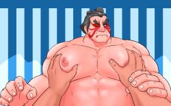Rule 34 | 2boys, averting eyes, bara, belly, edmond honda, facial mark, grabbing, grabbing another&#039;s arm, highres, huge pectorals, large hands, large pectorals, male focus, mature male, menbo hirai, multiple boys, muscular, muscular male, nipples, nude, one eye closed, pectoral grab, pectorals, short hair, solo focus, street fighter, strongman waist, thick eyebrows, topknot, upper body, yaoi