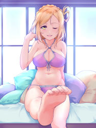 Rule 34 | 1girl, barefoot, blonde hair, blush, bra, braid, breasts, cleavage, criss-cross halter, crown braid, feet, foot focus, front-tie top, hair rings, halterneck, hand up, highres, kanabun, large breasts, looking at viewer, love live!, love live! school idol festival, love live! sunshine!!, navel, ohara mari, one eye closed, open mouth, panties, pillow, purple bra, purple panties, side-tie panties, sitting, smile, soles, solo, stomach, toe scrunch, toes, underwear, underwear only, window, yellow eyes