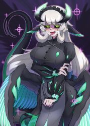 Rule 34 | 1girl, black sclera, breasts, chamber dragonmaid, colored sclera, dragon girl, dragon horns, dragon tail, dragon wings, dress, duel monster, glowing, glowing eyes, green eyes, highres, holding own arm, horns, large breasts, long hair, low wings, maid headdress, puffy sleeves, sharp teeth, solo, tail, teeth, tongue, tongue out, white hair, wings, yata masahara, yu-gi-oh!