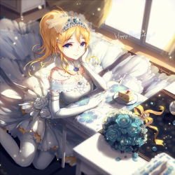 Rule 34 | 10s, 1girl, ayase eli, blonde hair, blue eyes, blue flower, blue rose, blush, bouquet, breasts, bridal veil, cake, cleavage, curtains, dress, earrings, elbow gloves, flower, food, gloves, hand on own cheek, hand on own face, happy birthday, jewelry, kieta, large breasts, long hair, looking at viewer, love live!, love live! school idol festival, love live! school idol project, ponytail, rose, sitting, smile, solo, thighhighs, tiara, veil, wedding dress, white gloves, white thighhighs, window, yokozuwari