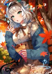 Rule 34 | autumn, autumn leaves, bench, berry, blue nails, bow, casual, cream, cream on face, crepe, dessert, dress, eating, falling leaves, food, food on face, food wrapper, frilled dress, frills, fruit, green eyes, halo, headband, holding, holding food, kamishiro rita, leaf, maple leaf, nail polish, off shoulder, prism project, second-party source, solo, strawberry, virtual youtuber, wawatiku, white hair