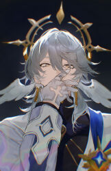 Rule 34 | 1boy, absurdres, black background, black shirt, covering own mouth, earrings, feathered wings, gloves, gold earrings, grey hair, hair between eyes, hair over shoulder, halo, halo behind head, hand on own face, hand up, head wings, highres, honkai: star rail, honkai (series), jacket, jewelry, long sleeves, looking at viewer, male focus, medium hair, open clothes, open jacket, sachico66, shirt, simple background, solo, sunday (honkai: star rail), turtleneck, white gloves, white jacket, white wings, wings, yellow eyes