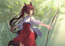 Rule 34 | 1girl, animal ears, archery, arrow (projectile), bamboo, bamboo forest, blunt bangs, bow (weapon), brown eyes, brown hair, cowboy shot, forest, fox ears, fox tail, frown, hakama, hakama skirt, japanese clothes, kyuudou, leaf, long hair, looking to the side, nature, original, outdoors, peroncho, ponytail, profile, quiver, serious, skirt, solo, tail, tasuki, weapon