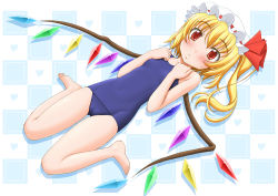 Rule 34 | 1girl, barefoot, blonde hair, blush, bonnet, cameltoe, female focus, flandre scarlet, flat chest, full body, hat, mob cap, one-piece swimsuit, ponytail, red eyes, school swimsuit, short hair, side ponytail, sin-go, solo, swimsuit, touhou, white background, wings