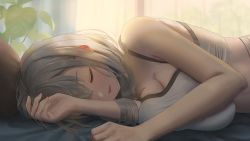 Rule 34 | 1girl, absurdres, blush, braid, breasts, cleavage, closed eyes, curtains, green hair, hair between eyes, highres, hololive, large breasts, on bed, parted lips, pillow, plant, shirogane noel, shirt, short hair, shorts, sleeping, solo, virtual youtuber