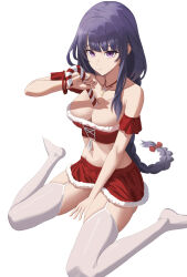 Rule 34 | 1girl, alternate costume, arm garter, bare shoulders, bow, braid, breasts, candy, candy cane, christmas, cleavage, cross-laced clothes, food, frilled garter, fur-trimmed shirt, fur-trimmed skirt, fur trim, garter straps, genshin impact, hair bow, hand up, highres, holding, holding candy, holding candy cane, holding food, human scabbard, jewelry, legs, llami 0, long hair, looking at viewer, low-braided long hair, low-tied long hair, medium breasts, midriff, miniskirt, navel, necklace, no shoes, parted lips, purple eyes, purple hair, raiden shogun, red bow, red garter, red skirt, red tube top, santa costume, shirt, sidelocks, simple background, single braid, sitting, skindentation, skirt, solo, stomach, strapless, strapless shirt, thighhighs, thighs, tube top, wariza, white background, white garter straps, white thighhighs, wristband, zettai ryouiki