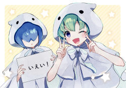 Rule 34 | 1boy, 1girl, blue hair, blush, bow, brother and sister, dot nose, eyelashes, ghost costume, green hair, hair over breasts, holding, holding sign, hood, hood up, kashima miyako, one eye closed, open mouth, puyopuyo, puyopuyo fever, rei (puyopuyo), short hair, siblings, sign, star (symbol), translated, twins, v, white bow, yu (puyopuyo)