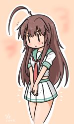 Rule 34 | 1girl, :&lt;, ahoge, alternate costume, artist name, blush, brown hair, closed mouth, collarbone, curse (023), dated, flying sweatdrops, green sailor collar, kantai collection, kuma (kancolle), long hair, neckerchief, one-hour drawing challenge, own hands together, pleated skirt, red neckerchief, sailor collar, school uniform, serafuku, short sleeves, simple background, skirt, solo, sweat, white skirt, | |