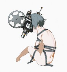 Rule 34 | 1girl, ass, camera, completely nude, cyborg, expressionless, eyeball, film strip, grey hair, highres, nude, original, ryuuforkaf, short hair, simple background, sitting, solo, white background
