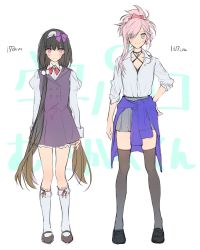 Rule 34 | 2girls, alternate costume, as us kr, asymmetrical hair, bad id, bad twitter id, black hair, blouse, blue eyes, blush, commentary request, contemporary, eyes visible through hair, fate/grand order, fate (series), grey skirt, hair over one eye, hand on own hip, height, height difference, highres, juliet sleeves, long hair, long sleeves, low twintails, mary janes, miyamoto musashi (fate), multiple girls, osakabehime (fate), pink eyes, pink hair, ponytail, puffy sleeves, red ribbon, ribbon, shirt, shoes, skirt, sleeves rolled up, socks, thighhighs, twintails, very long hair, vest, white legwear, white shirt