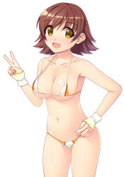 Rule 34 | 10s, 1girl, :d, arm warmers, bad id, bad nicoseiga id, bikini, breasts, brown eyes, brown hair, cleavage, collarbone, detached sleeves, eyebrows, fingernails, hand gesture, hand under clothes, hand under swimsuit, highres, honda mio, idolmaster, idolmaster cinderella girls, large breasts, looking at viewer, micro bikini, multicolored bikini, multicolored clothes, navel, open mouth, shiny skin, short hair, simple background, skindentation, smile, solo, standing, stomach, swimsuit, totokichi, v, white background