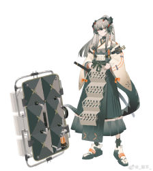 Rule 34 | 1girl, alternate costume, arknights, black ribbon, black socks, closed mouth, colored shoe soles, commentary, dong muxing, dragon horns, dragon tail, full body, gradient hair, grey hair, grey skirt, hair between eyes, hands on own hips, headphones, highres, horns, japanese clothes, kimono, long hair, looking at viewer, multicolored hair, orange eyes, ponytail, ribbon, saria (arknights), shield, shoes, sidelocks, simple background, skirt, smile, socks, solo, sword, tail, weapon, weibo logo, weibo watermark, white background, white footwear, white kimono, wide sleeves