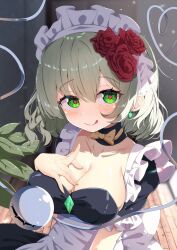 Rule 34 | 1girl, absurdres, alternate costume, apron, black choker, black dress, blush, breasts, buttons, choker, cleavage, commentary request, detached collar, dfra, diamond button, dress, earrings, enmaided, eyeball, flower, frilled sleeves, frills, green eyes, green hair, hair flower, hair ornament, hand on own chest, heart, heart-shaped pupils, heart of string, highres, indoors, jewelry, komeiji koishi, large breasts, licking lips, light particles, looking at viewer, maid, maid apron, maid headdress, plant, puffy short sleeves, puffy sleeves, red flower, red rose, rose, short hair, short sleeves, solo, symbol-shaped pupils, third eye, tongue, tongue out, touhou, upper body, wooden floor