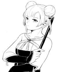 Rule 34 | 1girl, commentary request, double bun, dress, expressionless, hair bun, hair ornament, hand up, holding, holding polearm, holding weapon, laufen (sousou no frieren), looking at viewer, monochrome, polearm, shiharu1115, simple background, solo, sousou no frieren, tassel, tassel hair ornament, upper body, weapon, white background