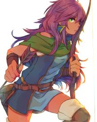 Rule 34 | 1girl, arrow (projectile), belt, blue dress, boots, bow (weapon), bright pupils, closed mouth, dress, faris scherwiz, final fantasy, final fantasy v, fingernails, green eyes, green scarf, hair between eyes, holding, knee up, long hair, looking at viewer, nail polish, purple eyes, purple nails, scarf, short dress, simple background, sleeveless, solo, sunagimo (nagimo), thigh boots, thighhighs, weapon, white background