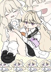 Rule 34 | 1girl, :d, armband, black footwear, black skirt, blonde hair, blush, bow, chibi, closed eyes, closed mouth, comog, eating, erimo kudryavka, hair bow, highres, indie virtual youtuber, lab coat, loafers, long sleeves, looking at viewer, loose socks, multiple views, open mouth, purple eyes, safety pin, shoes, sitting, skirt, smile, socks, solo focus, spoken blush, sweat, white bow, white socks