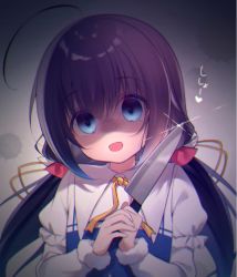 Rule 34 | 1girl, :d, bad id, bad pixiv id, black hair, blue dress, blue eyes, commentary request, dress, fur-trimmed sleeves, fur trim, glint, gyozanuko, hair between eyes, head tilt, highres, hinatsuru ai, holding, holding knife, knife, layered sleeves, long hair, long sleeves, low twintails, open mouth, puffy short sleeves, puffy sleeves, ryuuou no oshigoto!, shaded face, short over long sleeves, short sleeves, smile, solo, translation request, twintails, upper body, yandere