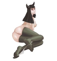 Rule 34 | 1girl, anal, anus, black hair, black pantyhose, blush, breasts, clothing aside, curious, demon girl, feet, highres, horns, large breasts, long hair, looking at viewer, original, panties, panties aside, pantyhose, pussy, pussy juice, see-through, self-upload, sitting, smile, solo, thighhighs, underwear, white background
