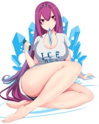 Rule 34 | 1girl, absurdres, alternate costume, black panties, breasts, cellphone, clothes writing, erimiko, fate/grand order, fate (series), hair between eyes, highres, holding, holding phone, large breasts, long hair, panties, phone, purple hair, red eyes, scathach (fate), scathach skadi (fate), shirt, short sleeves, sitting, smartphone, solo, thighs, underwear, very long hair, white shirt