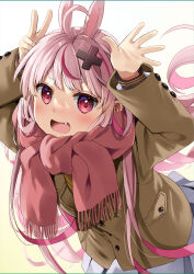 Rule 34 | 1girl, :d, ahoge, animal ears, arms up, brown coat, coat, commentary request, fang, fringe trim, hair ornament, highres, indie virtual youtuber, long hair, long sleeves, looking at viewer, multicolored hair, natsume eri, open mouth, pink hair, pink scarf, rabbit ears, red eyes, red hair, scarf, short eyebrows, smile, solo, streaked hair, thick eyebrows, tomari mari, very long hair, virtual youtuber, x hair ornament