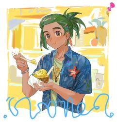 Rule 34 | 1boy, :t, blue shirt, blush, border, bracelet, brown eyes, closed mouth, collared shirt, commentary request, creatures (company), dark-skinned male, dark skin, eating, flower, food, food on face, game freak, green hair, hair ornament, hau (pokemon), highres, holding, jewelry, male focus, necklace, nintendo, pin, pokemon, pokemon sm, red flower, s67569077, shirt, short hair, short ponytail, solo, sweat, undershirt, upper body, white border