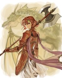 Rule 34 | 1girl, abinosu0903, armor, border, commentary request, dragon, dragon wings, faulds, fire emblem, fire emblem: shadow dragon, gauntlets, green hairband, hairband, halberd, highres, holding, holding polearm, holding weapon, looking back, minerva (fire emblem), nintendo, polearm, red armor, red eyes, red hair, short hair, teeth, weapon, white border, wings
